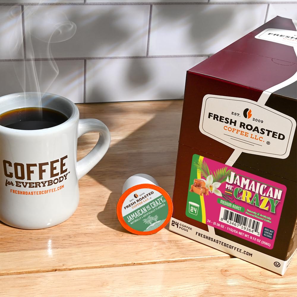Fresh Roasted Coffee Jamaican Me Crazy pod coffee beans crema texture.
