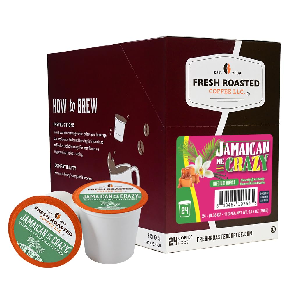 Fresh Roasted Coffee Jamaican Me Crazy pod pack 24-count for quick, flavorful mornings.