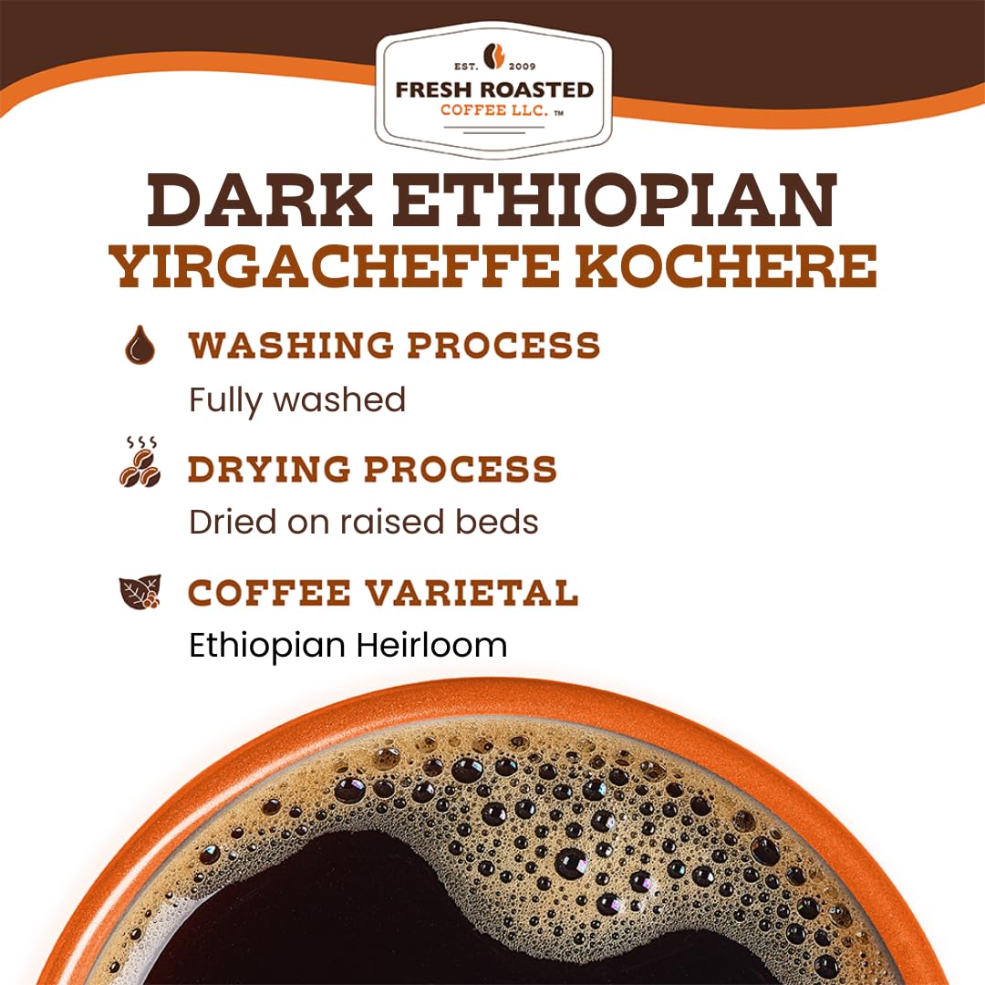 Fresh Roasted Coffee Kochere Ethiopian dark roast cup featuring rich aroma.