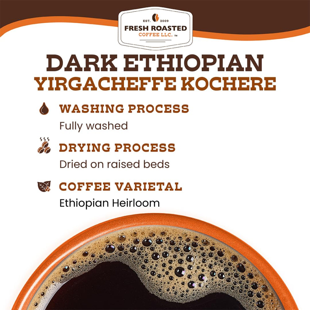 Fresh Roasted Coffee Kochere Ethiopian dark roast cup featuring rich aroma.