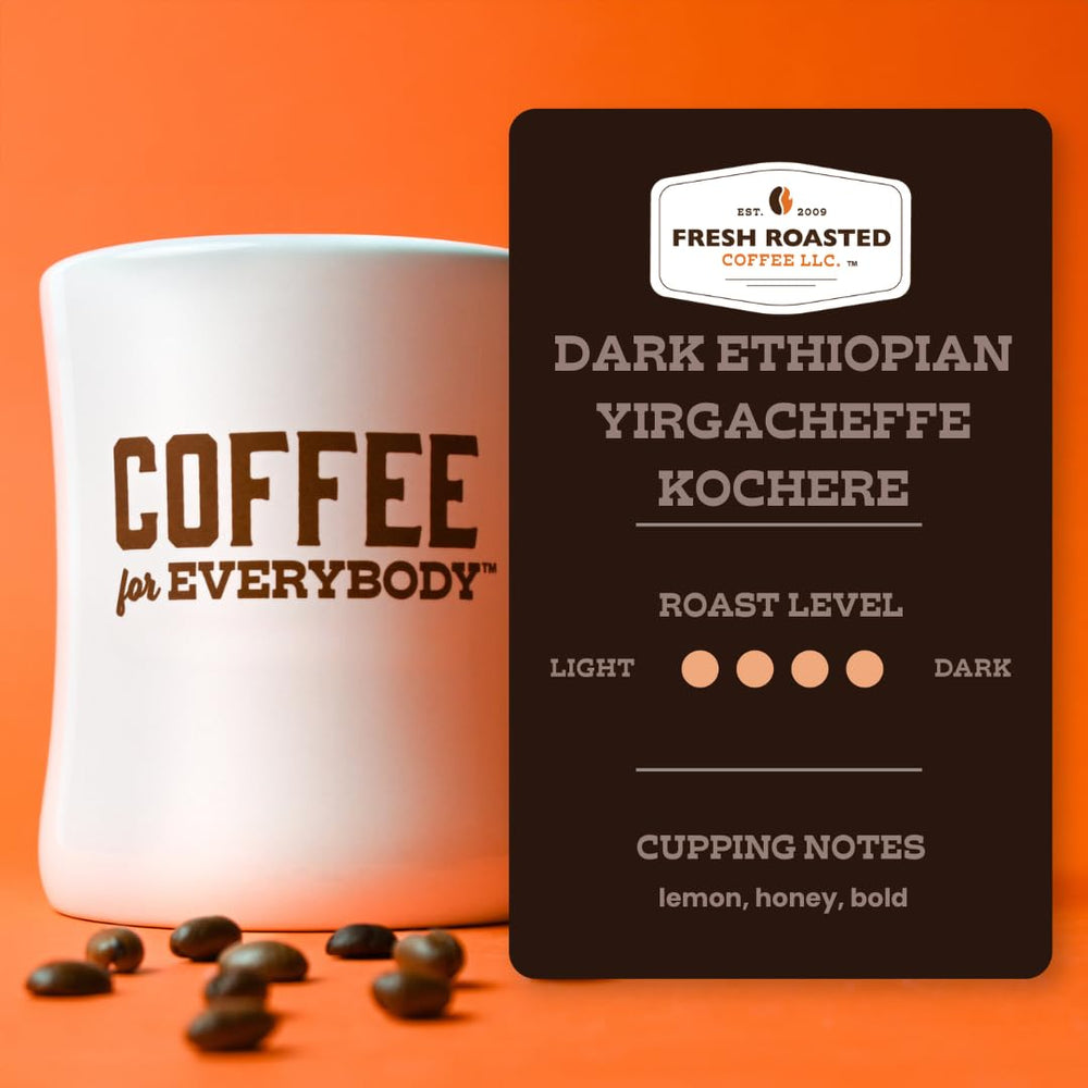 Fresh Roasted Coffee Kochere Ethiopian dark roast 2lb bag pour-over-ready setup.