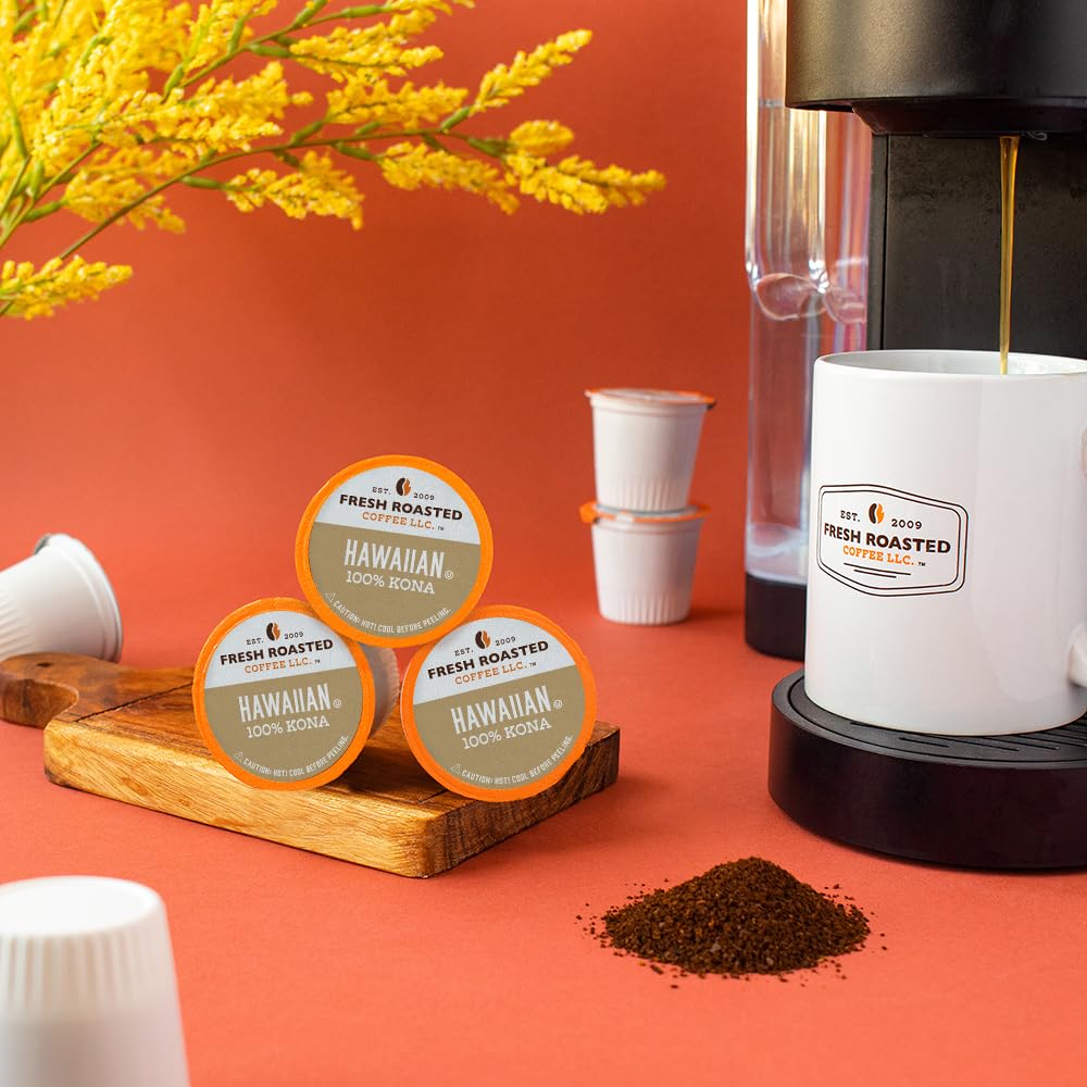 Fresh Roasted Coffee Kona cup highlights coconut and molasses tasting notes for a balanced sip.