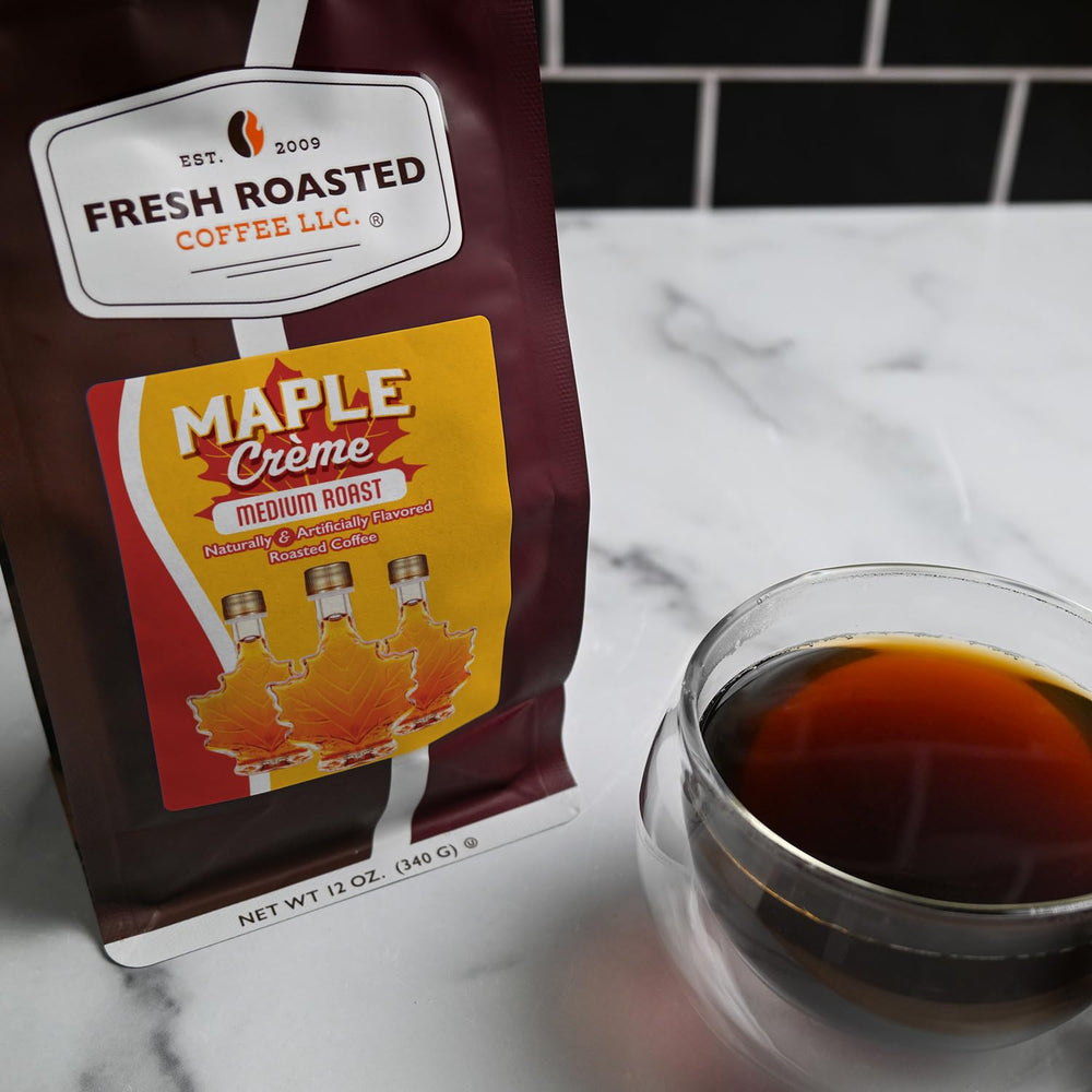 Fresh Roasted Coffee Maple Crème ground bag closeup signals consistent roasting and rich aroma