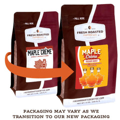 Fresh Roasted Coffee Maple Crème steaming cup highlights aromatic, inviting aroma and a smooth finish