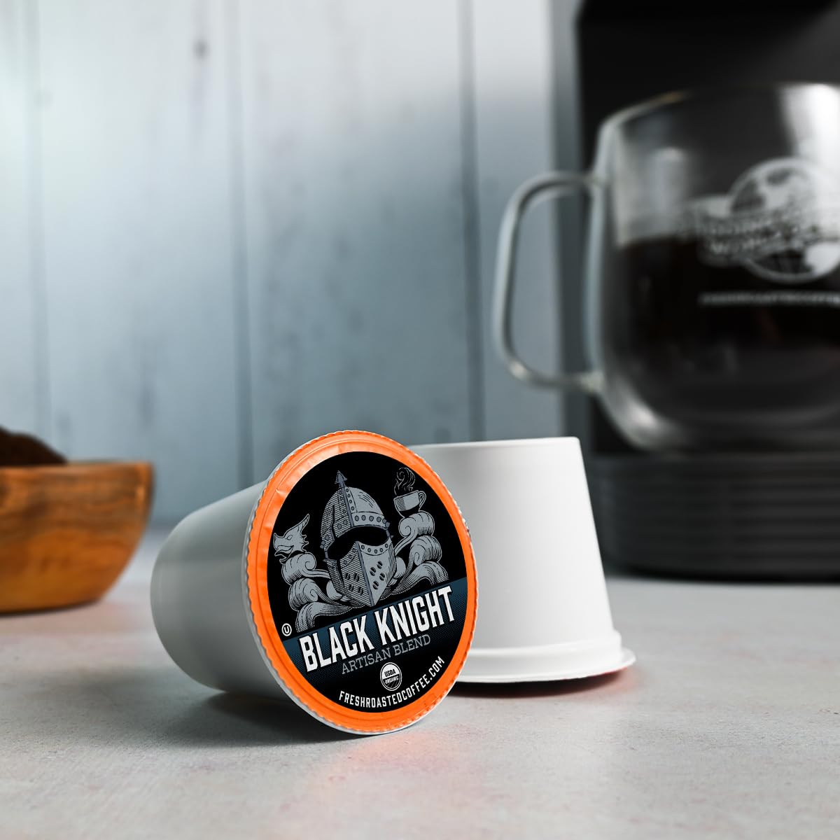 Fresh Roasted Coffee Organic Black Knight label shows USDA and Kosher marks.