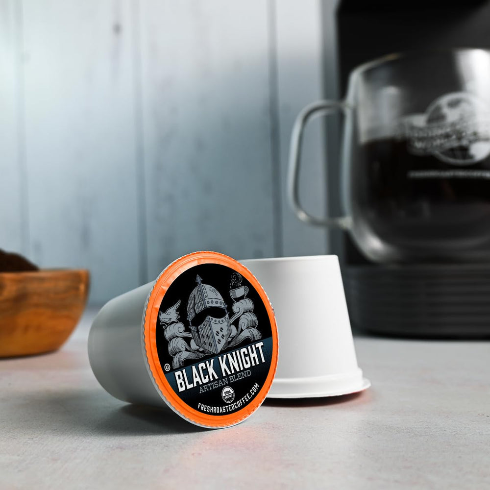 Fresh Roasted Coffee Organic Black Knight label shows USDA and Kosher marks.