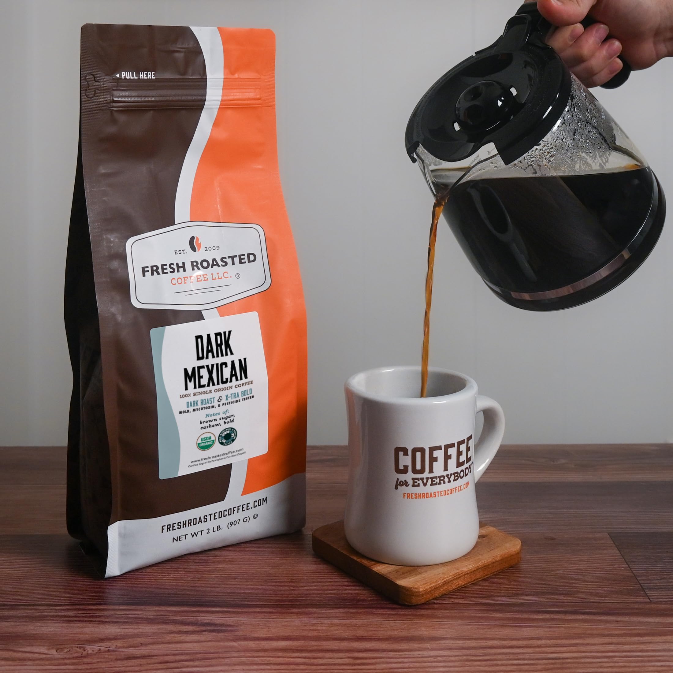 Fresh Roasted Coffee organic certification label emphasizes clean farming