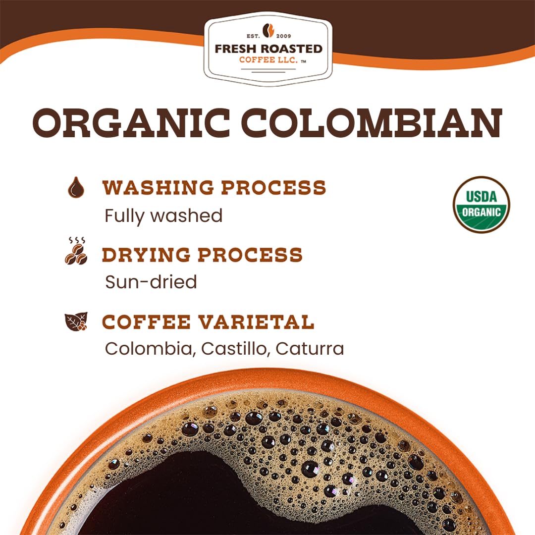 Fresh Roasted Coffee Organic Colombian packaged in USA with OU Kosher seal.