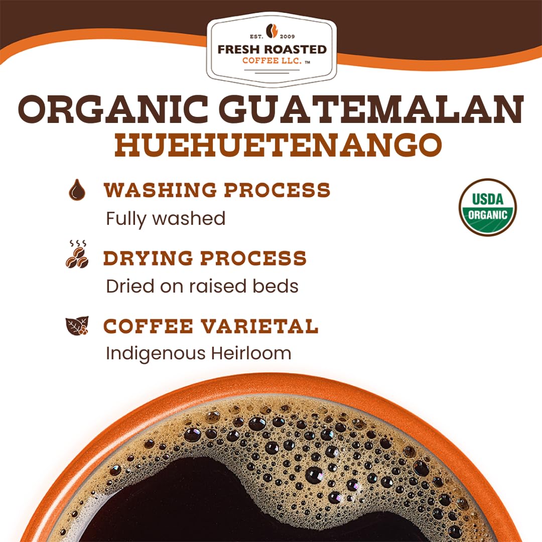 Fresh Roasted Coffee Organic Guatemala single-origin label from Huehuetenango region.
