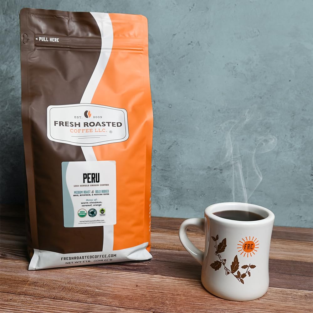 Fresh Roasted Coffee Peru fair-trade seal on packaging supporting ethical sourcing.