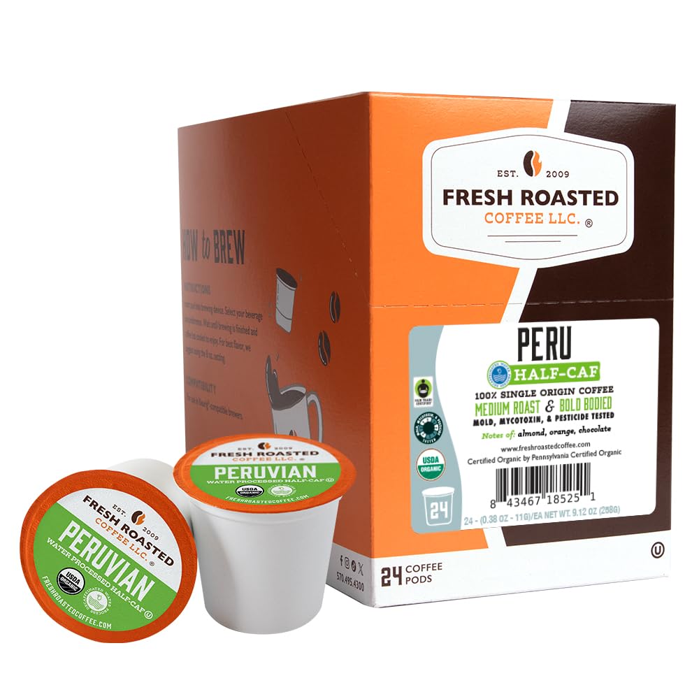 Fresh Roasted Coffee Peru Half Caf bag with organic and fair trade labels for a clean, ethical cup.