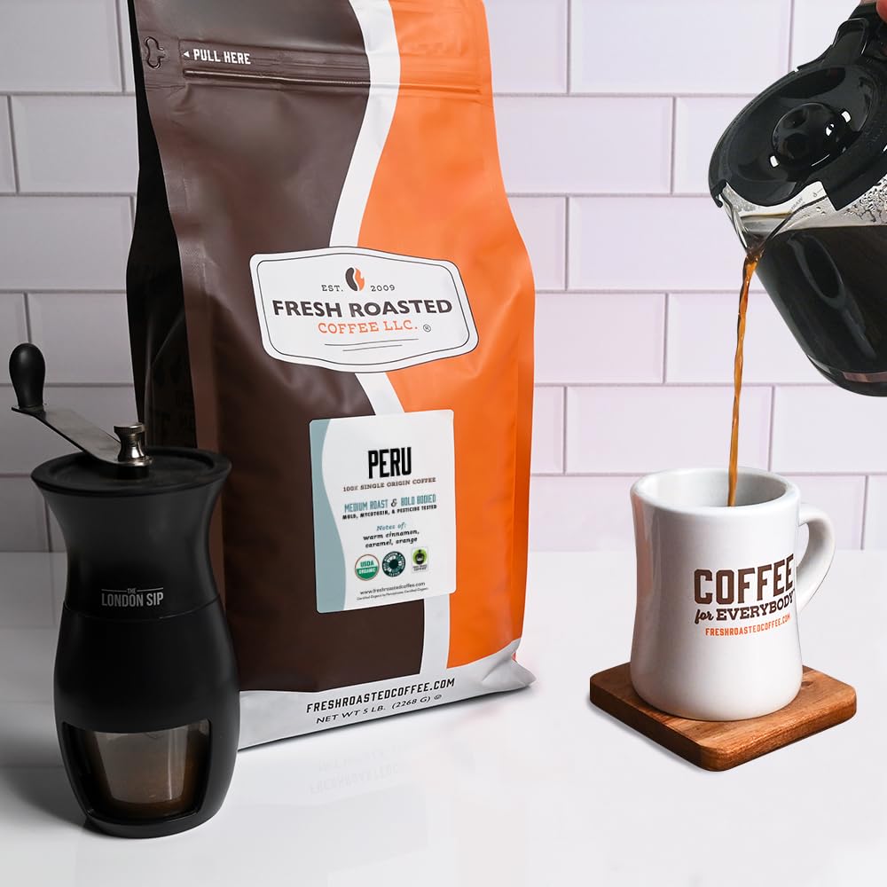 Fresh Roasted Coffee Peru origin label emphasizing single-origin Cajamarca for specialty brews.