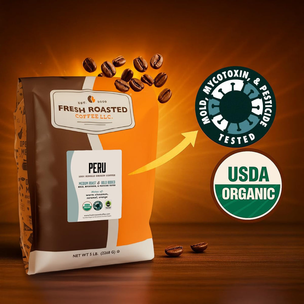 Fresh Roasted Coffee Peru USDA Organic seal on bag for pesticide-free grains.