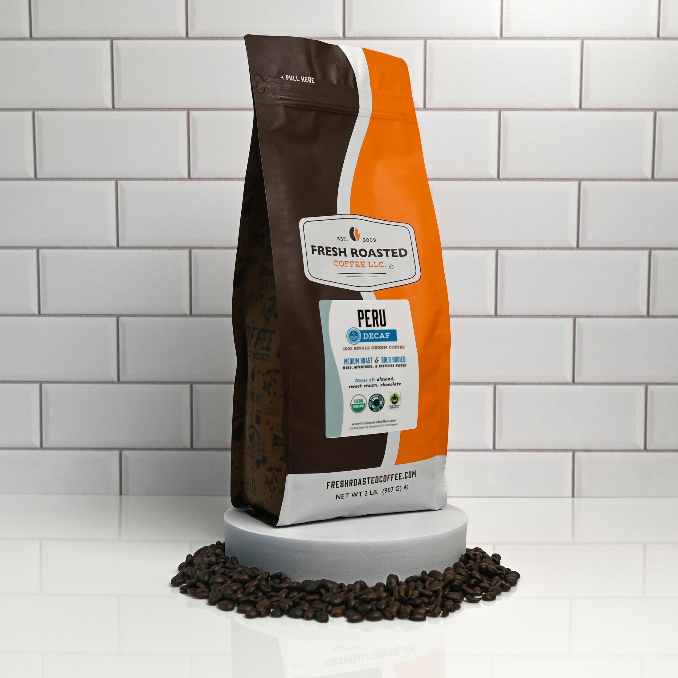 Fresh Roasted Coffee Peru decaf beans, medium roast, ideal for afternoon cups at home or office.