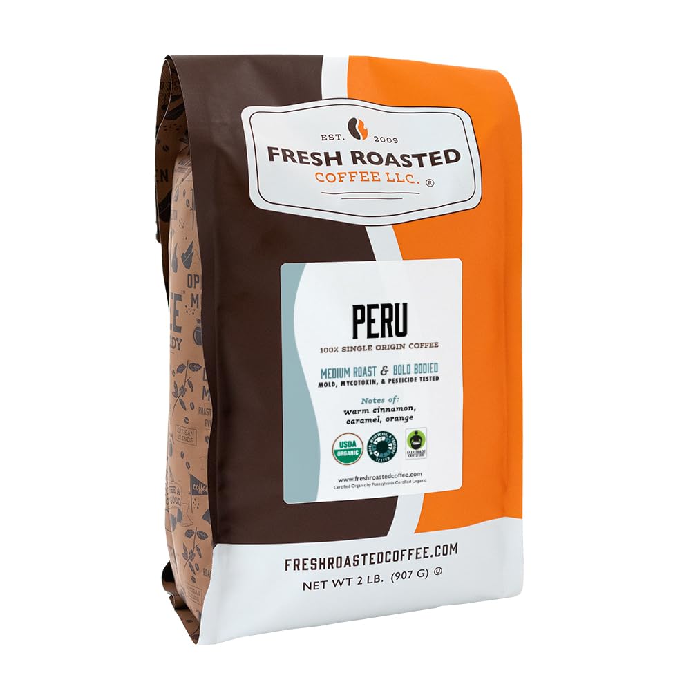 Fresh Roasted Coffee Peru whole bean 2lb bag with rich aroma for daily brews.