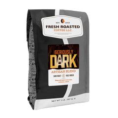 Fresh Roasted Coffee Seriously Dark Artisan Blend bag closeup highlighting rich color for a bold morning.