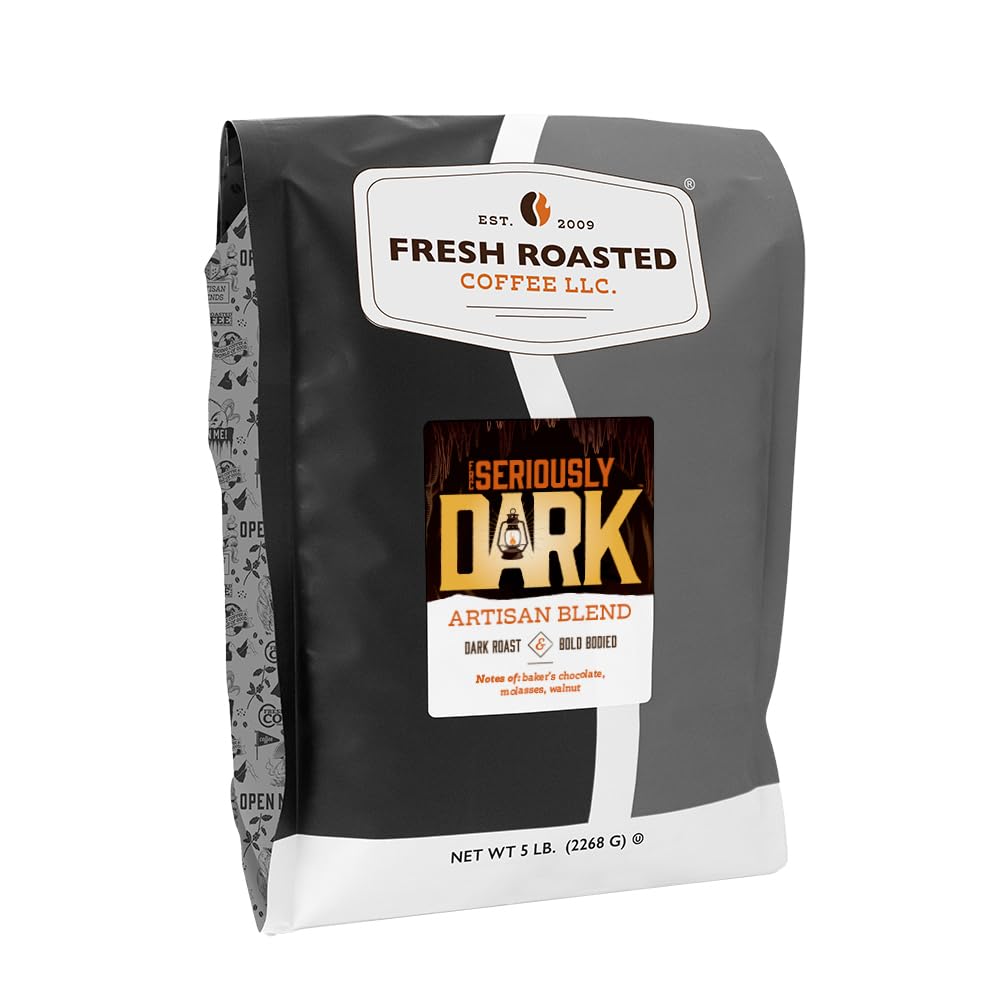 Fresh Roasted Coffee Seriously Dark Artisan Blend bag with premium packaging and freshness seal.