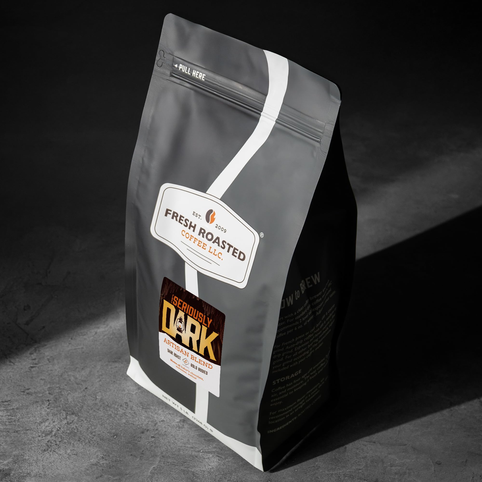 Fresh Roasted Coffee Seriously Dark Artisan Blend beans showing rich color for bold flavors.