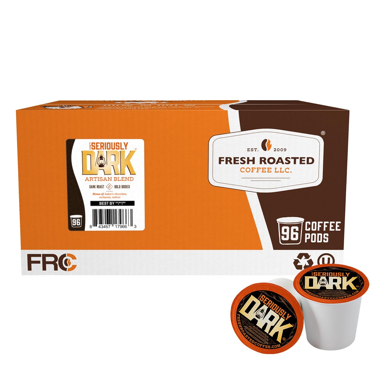 Fresh Roasted Coffee Seriously Dark Artisan Blend pods ready for bold mornings