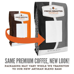 Fresh Roasted Coffee Seriously Dark Artisan Blend pour-over setup highlighting balanced aroma.
