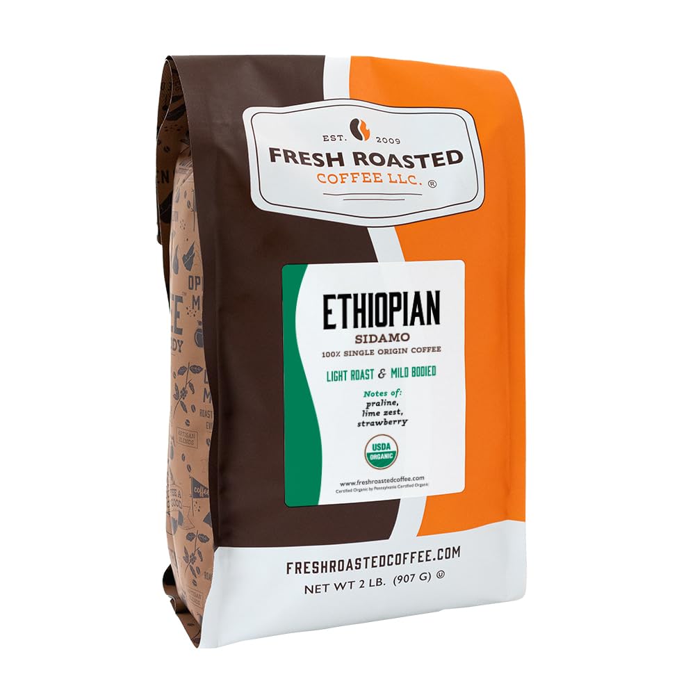 Fresh Roasted Coffee Sidamo Natural beans close-up showing vibrant berry notes.