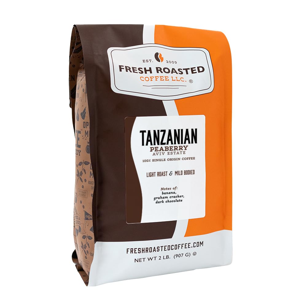 Fresh Roasted Coffee Tanzanian Peaberry bag front, 2 lb, ready for home brewing