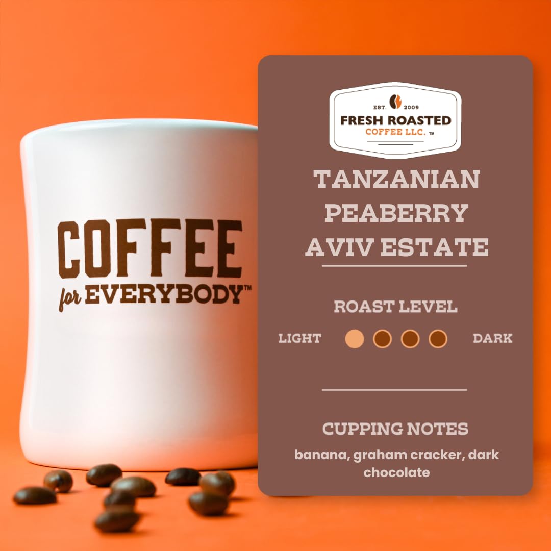 Fresh Roasted Coffee Tanzanian Peaberry brand label closeup.