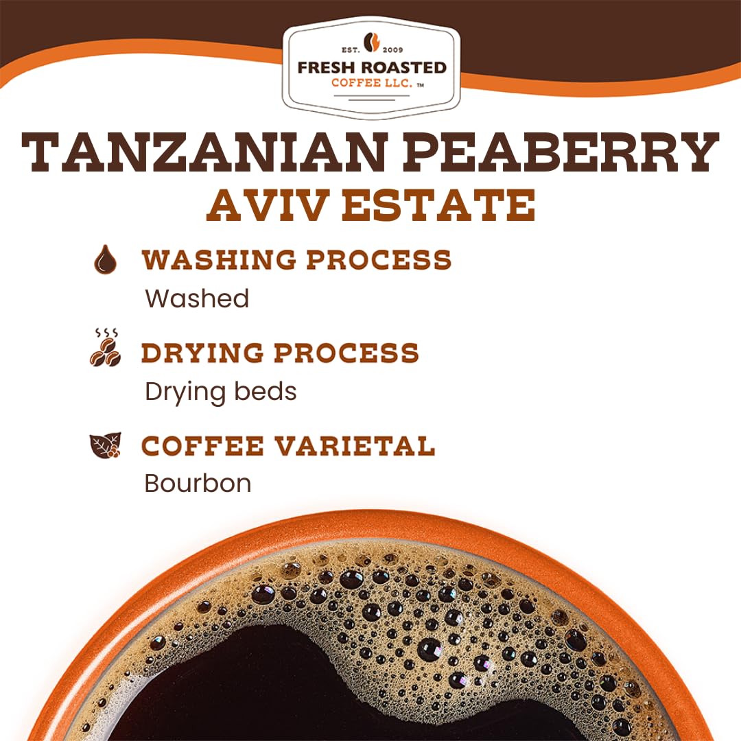 Fresh Roasted Coffee Tanzanian Peaberry golden roast tint observed.