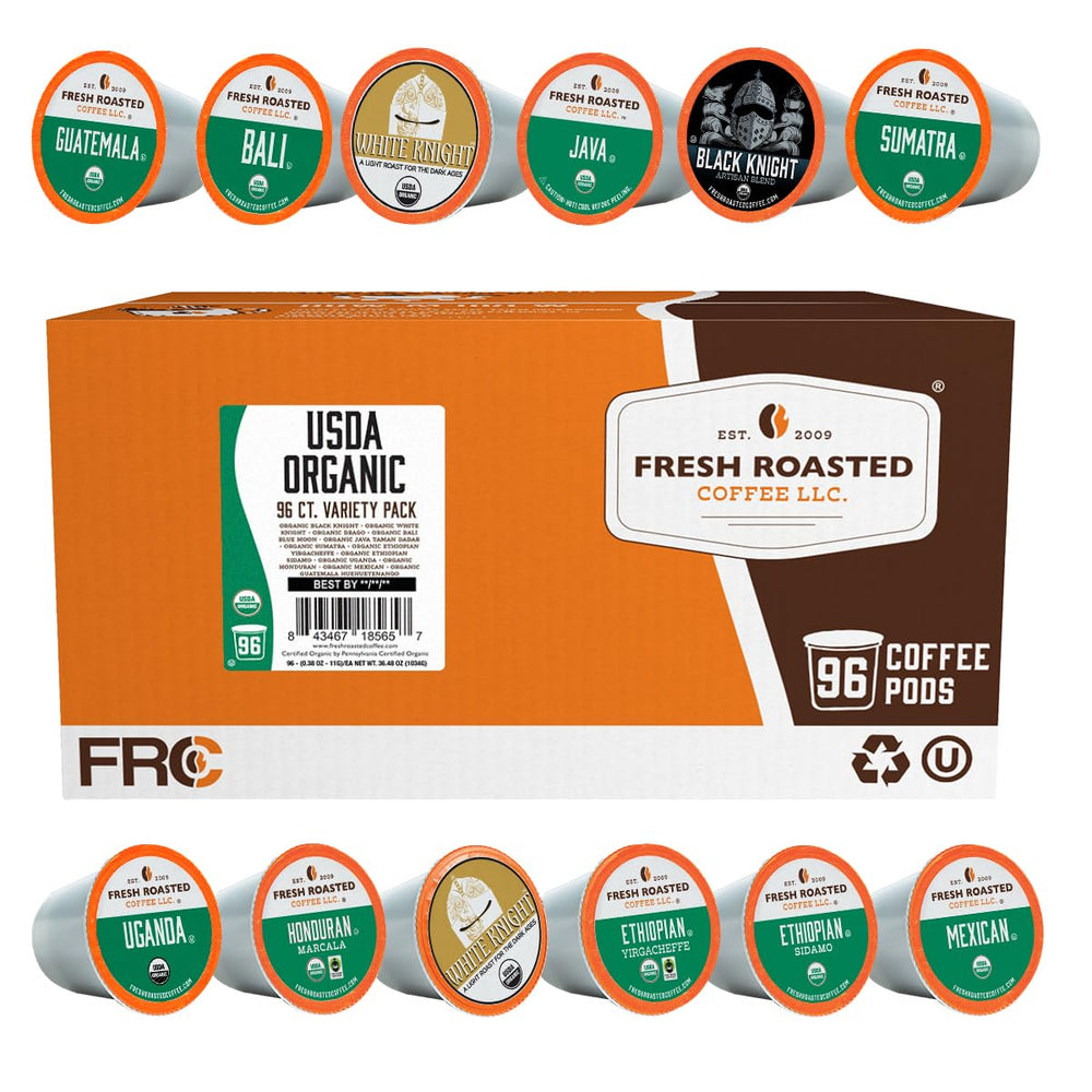 Fresh Roasted Coffee variety pack 96 pods on a kitchen counter, ready to brew.