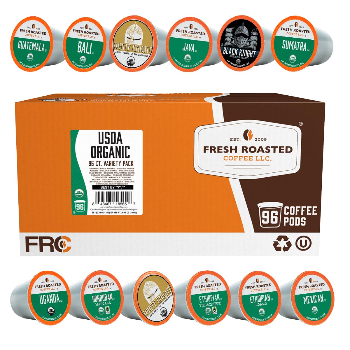 Fresh Roasted Coffee variety pack 96 pods on a kitchen counter, ready to brew.