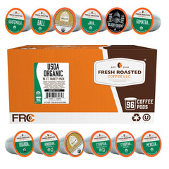 Fresh Roasted Coffee variety pack 96 pods on a kitchen counter, ready to brew.