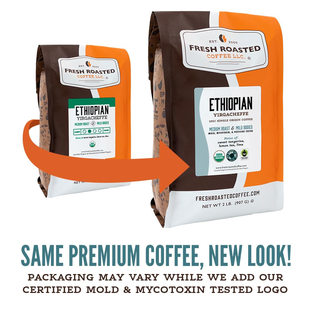 Certification labels on Fresh Roasted Coffee Yirgacheffe package