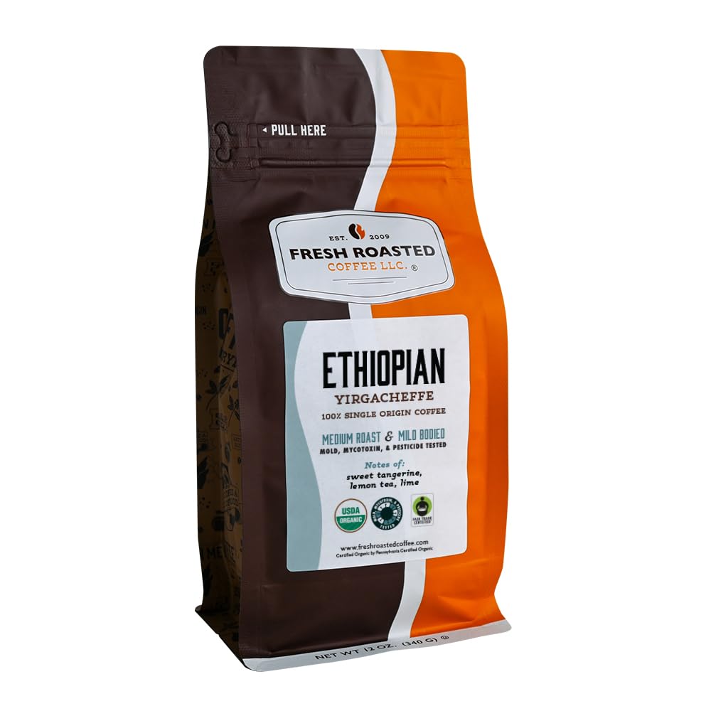 Fresh Roasted Coffee Yirgacheffe bag front view showing organic and fair trade labels