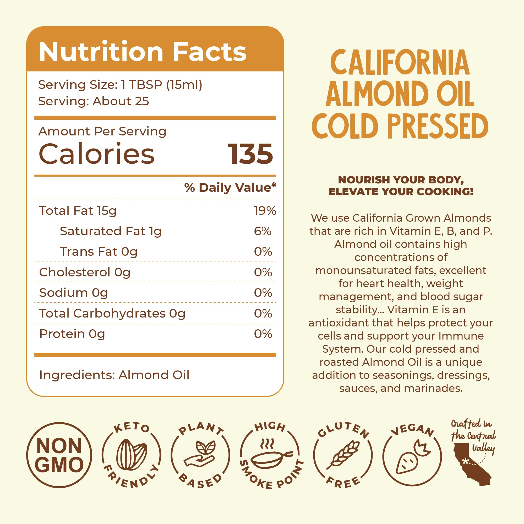 Fresh Vintage Farms almond oil on salad for nutty flavor.