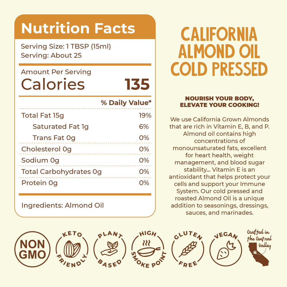 Fresh Vintage Farms almond oil on salad for nutty flavor.
