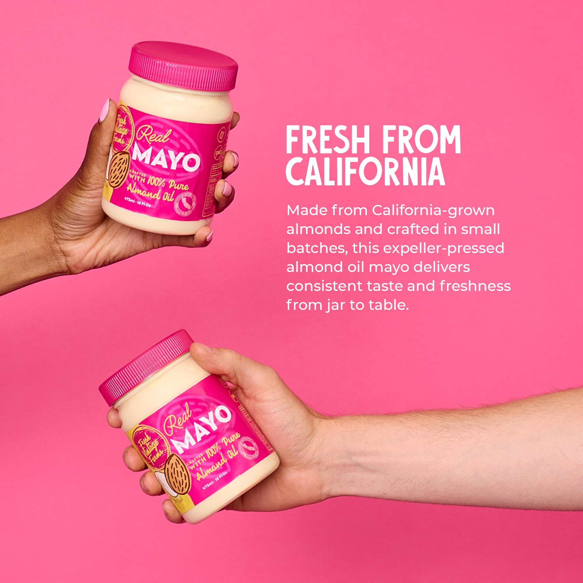 Fresh Vintage Farms California almond oil close-up highlights premium ingredients