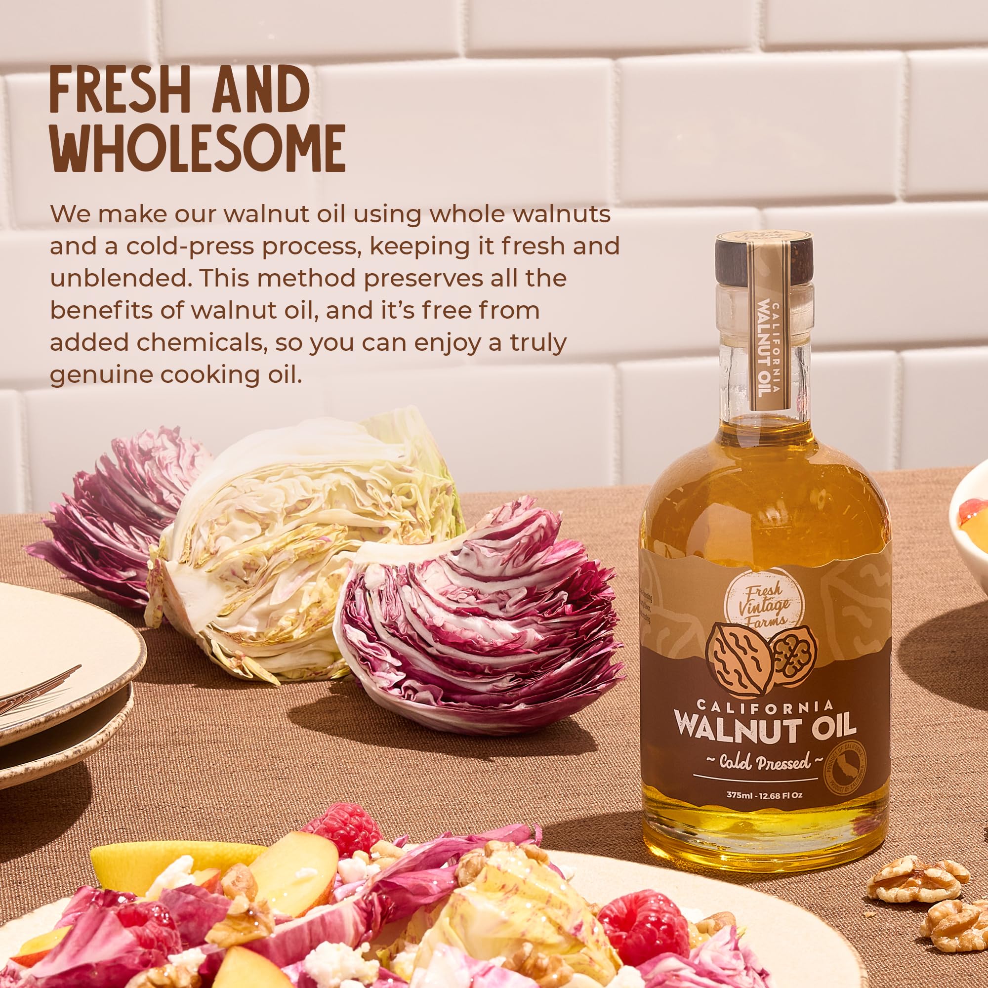 Fresh Vintage Farms Walnut Oil for baking, subtle flavor in pastries.