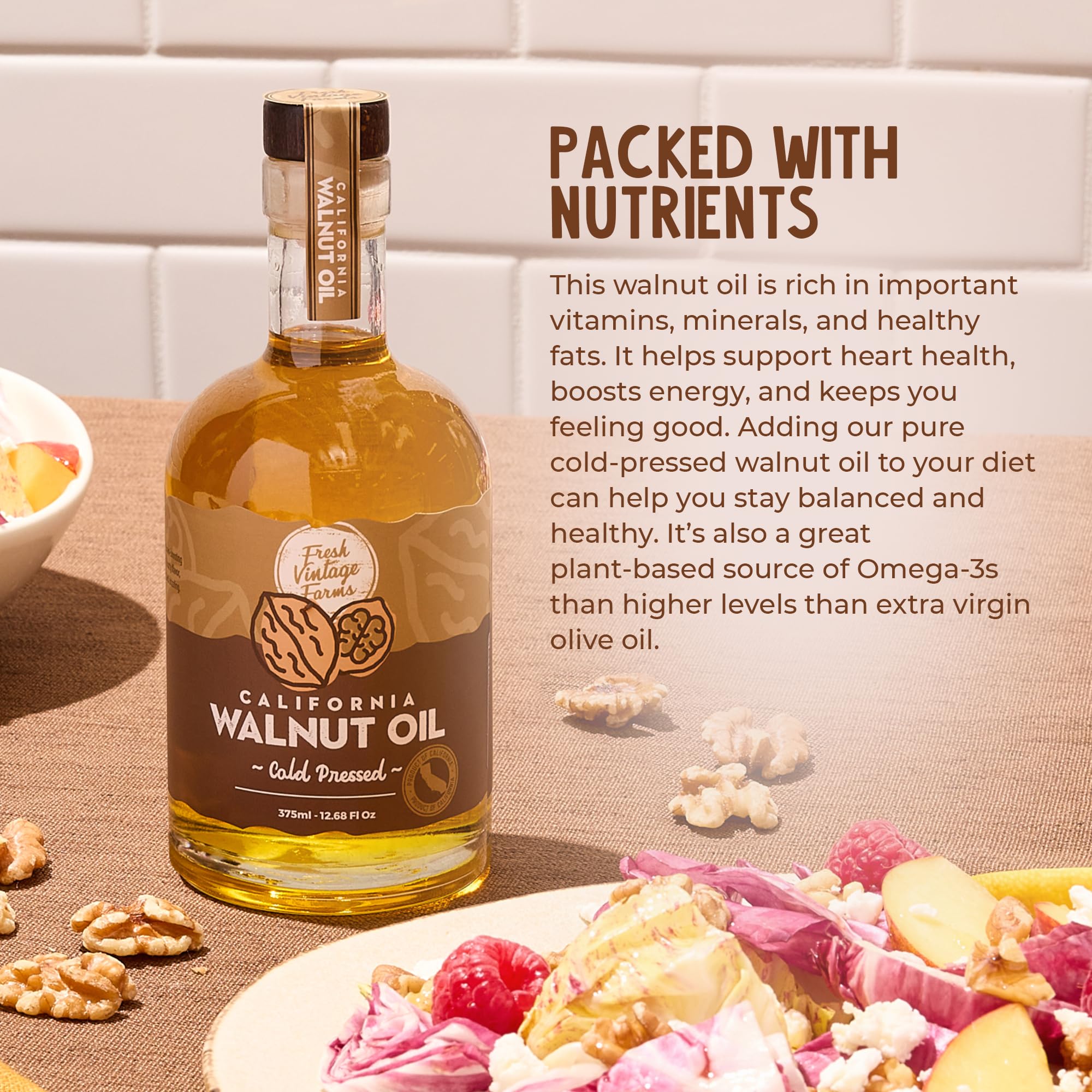 Fresh Vintage Farms Walnut Oil for cooking, enhances nuttiness in dishes.