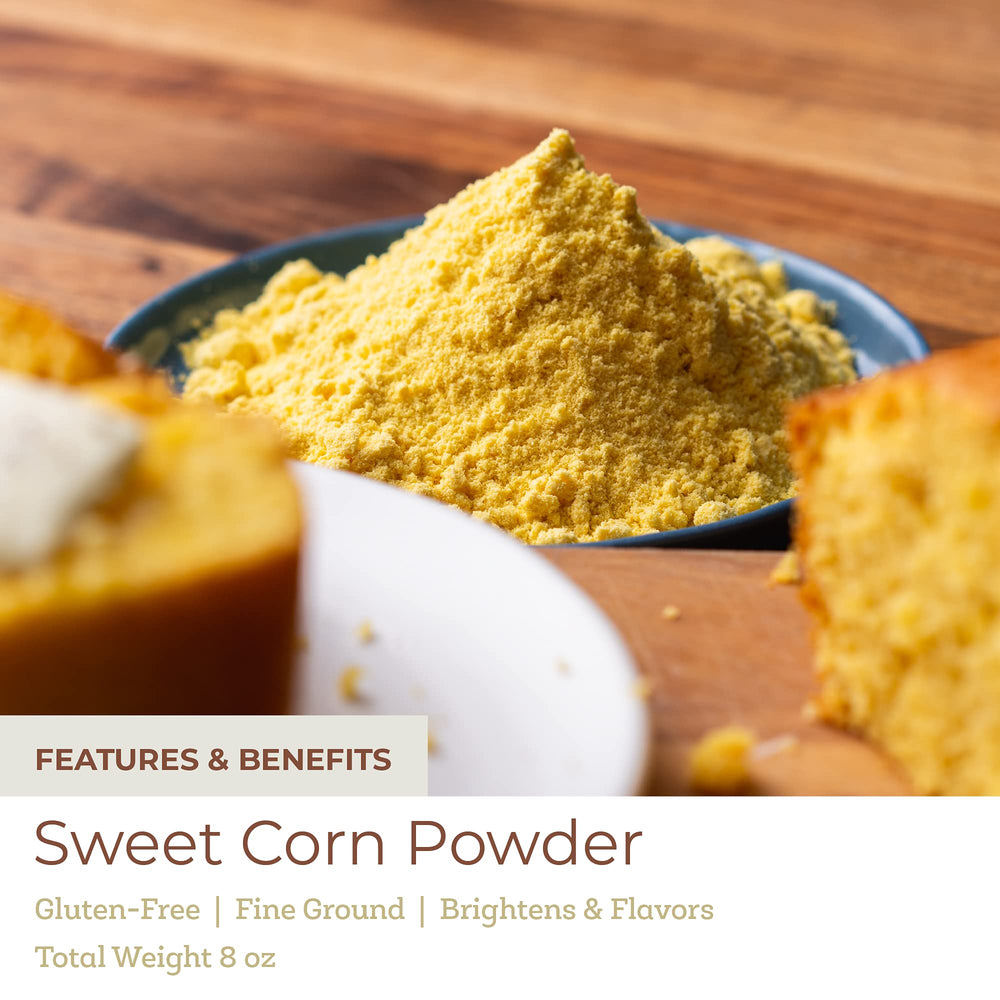 Fresh & Wild Sweet Corn Powder set on a counter for culinary color.