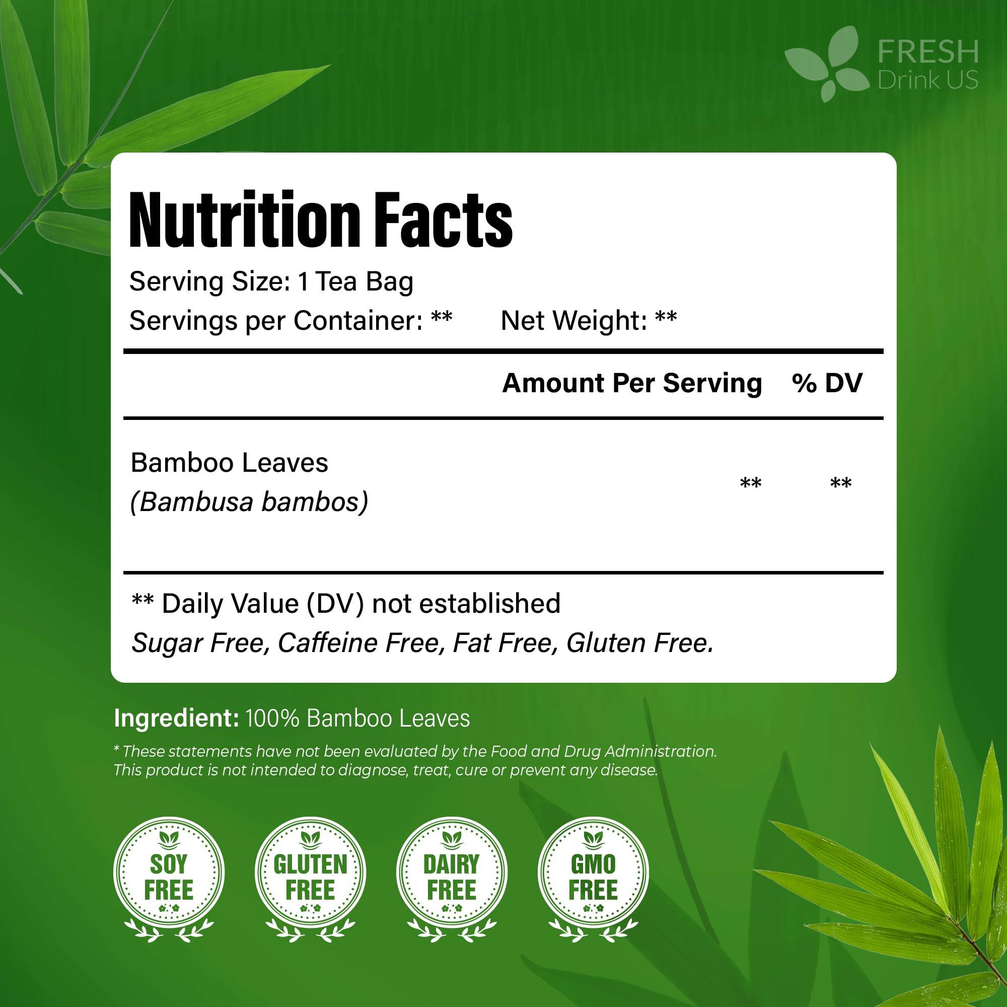 Closeup of FreshDrinkUS tea bags highlighting natural bamboo leaves and packaging