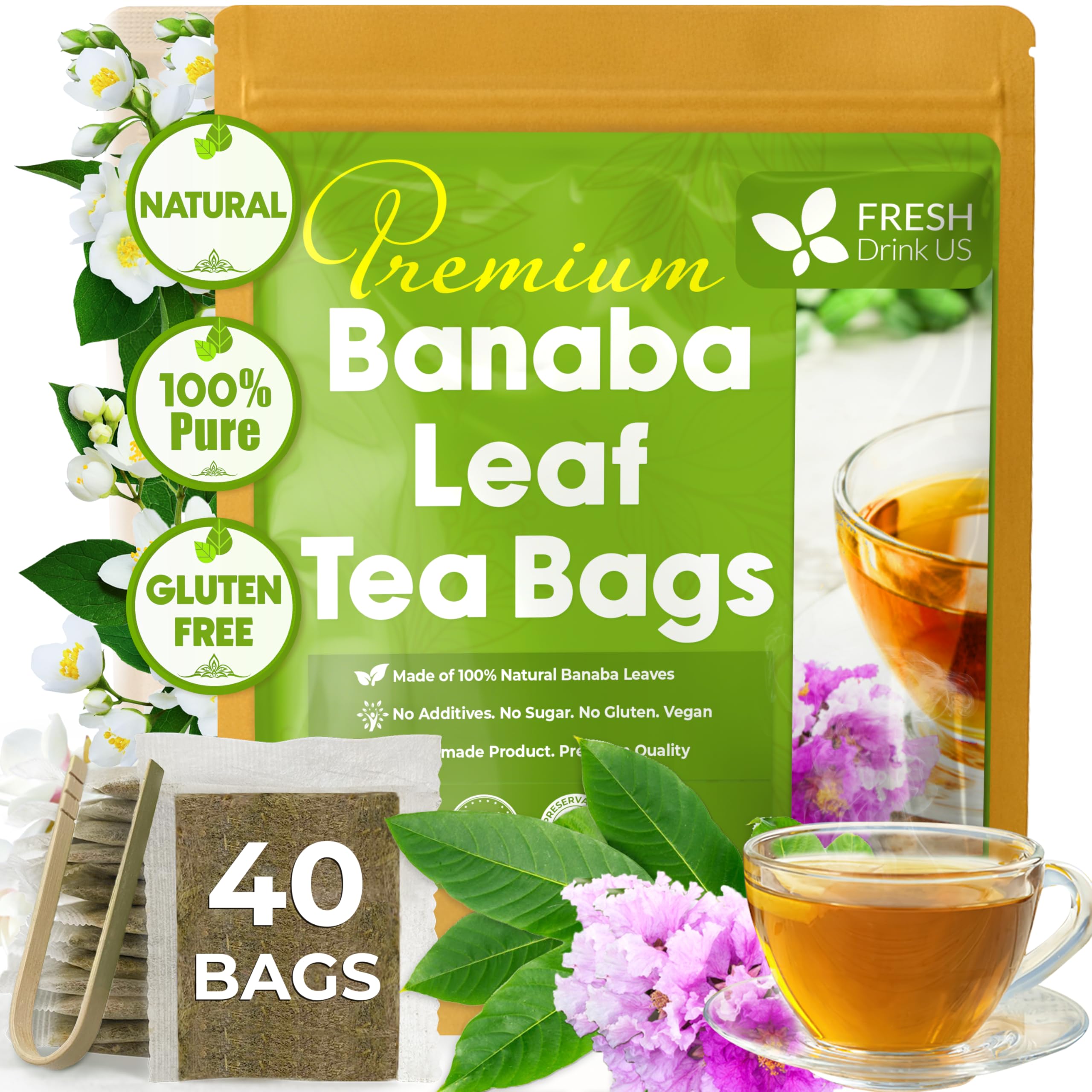 FreshDrinkUS banaba tea bags in a pack highlight natural leaves for caffeine-free tea.