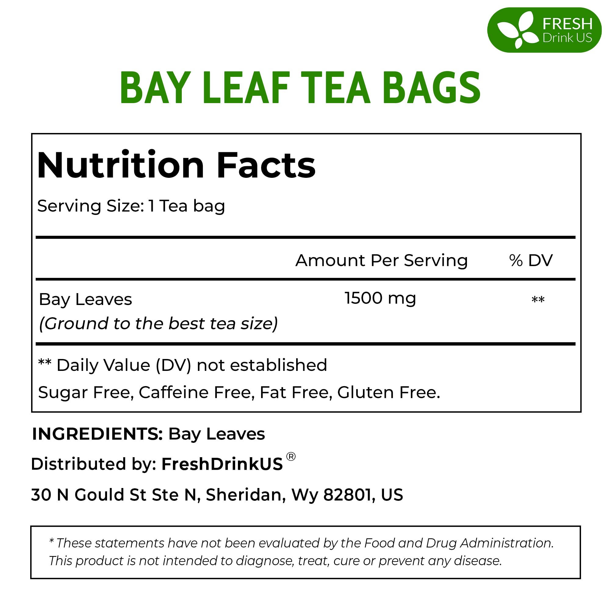 FreshDrinkUS bay leaf tea bag closeup highlighting dried arames and aroma.