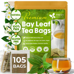FreshDrinkUS bay leaf tea bags in packaging showcase natural, pesticide-free ingredients.