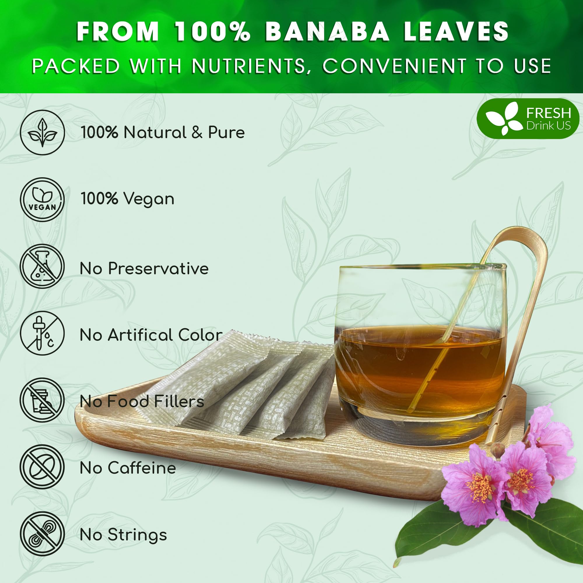FreshDrinkUS biodegradable corn fiber tea bag highlights eco-friendly disposal.