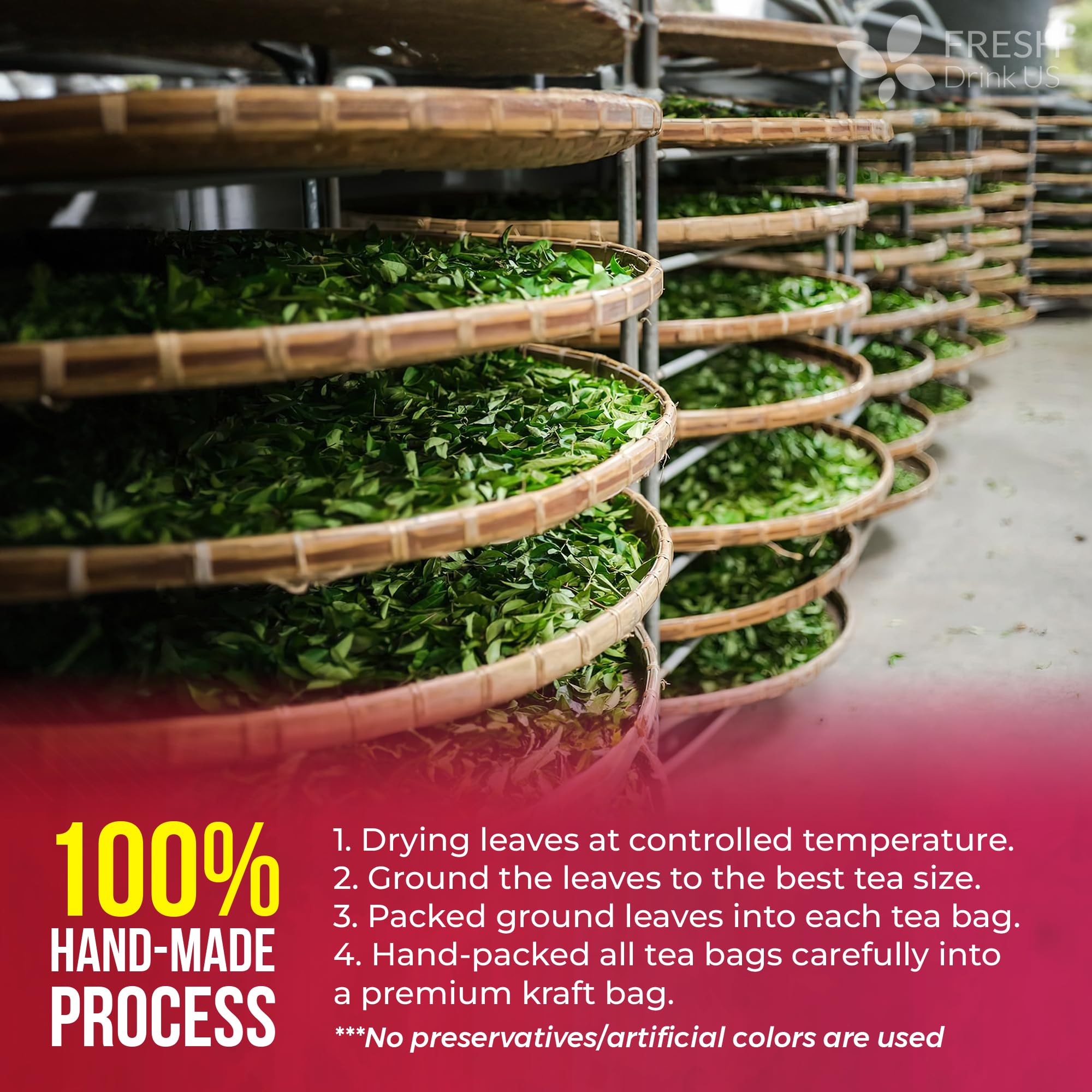 FreshDrinkUS brand label on tea packaging showcasing plant-based ingredients