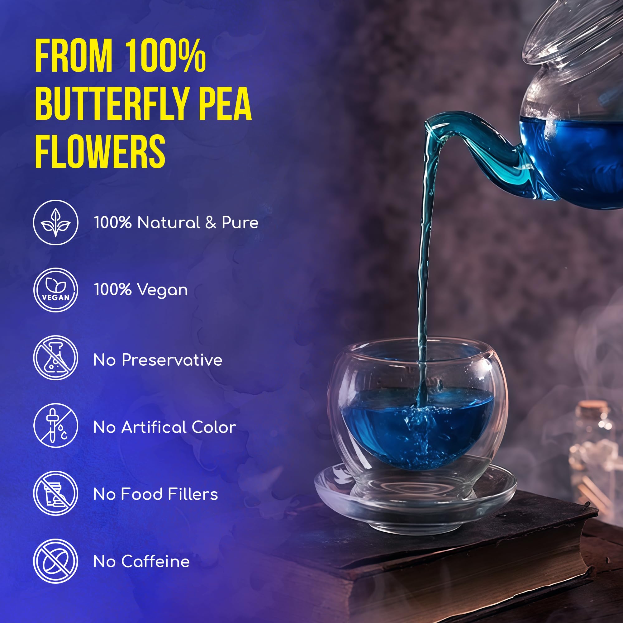 FreshDrinkUS brewed butterfly pea tea in a cup ready to enjoy.