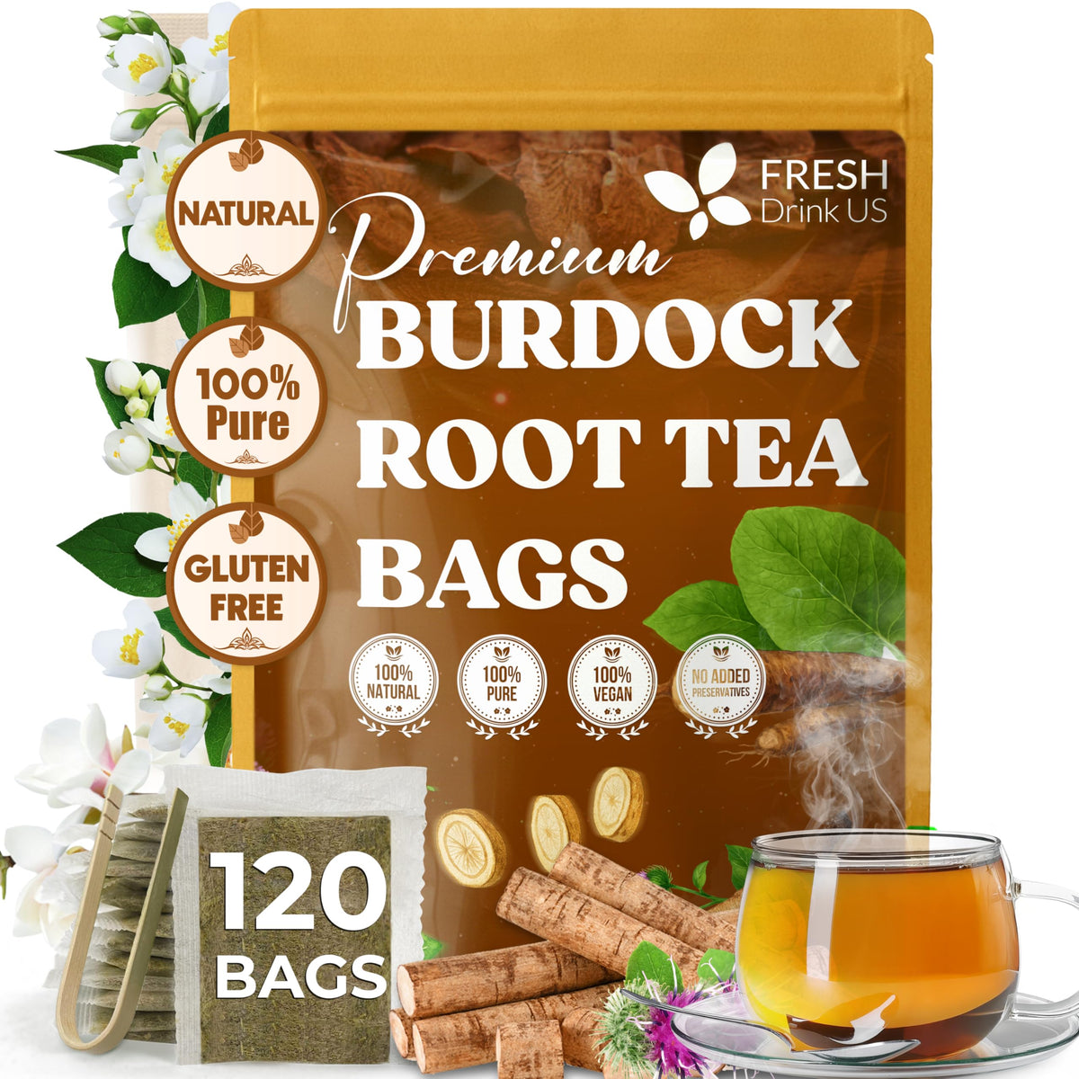 FreshDrinkUS Burdock Tea Bags packaging front for a natural herbal experience