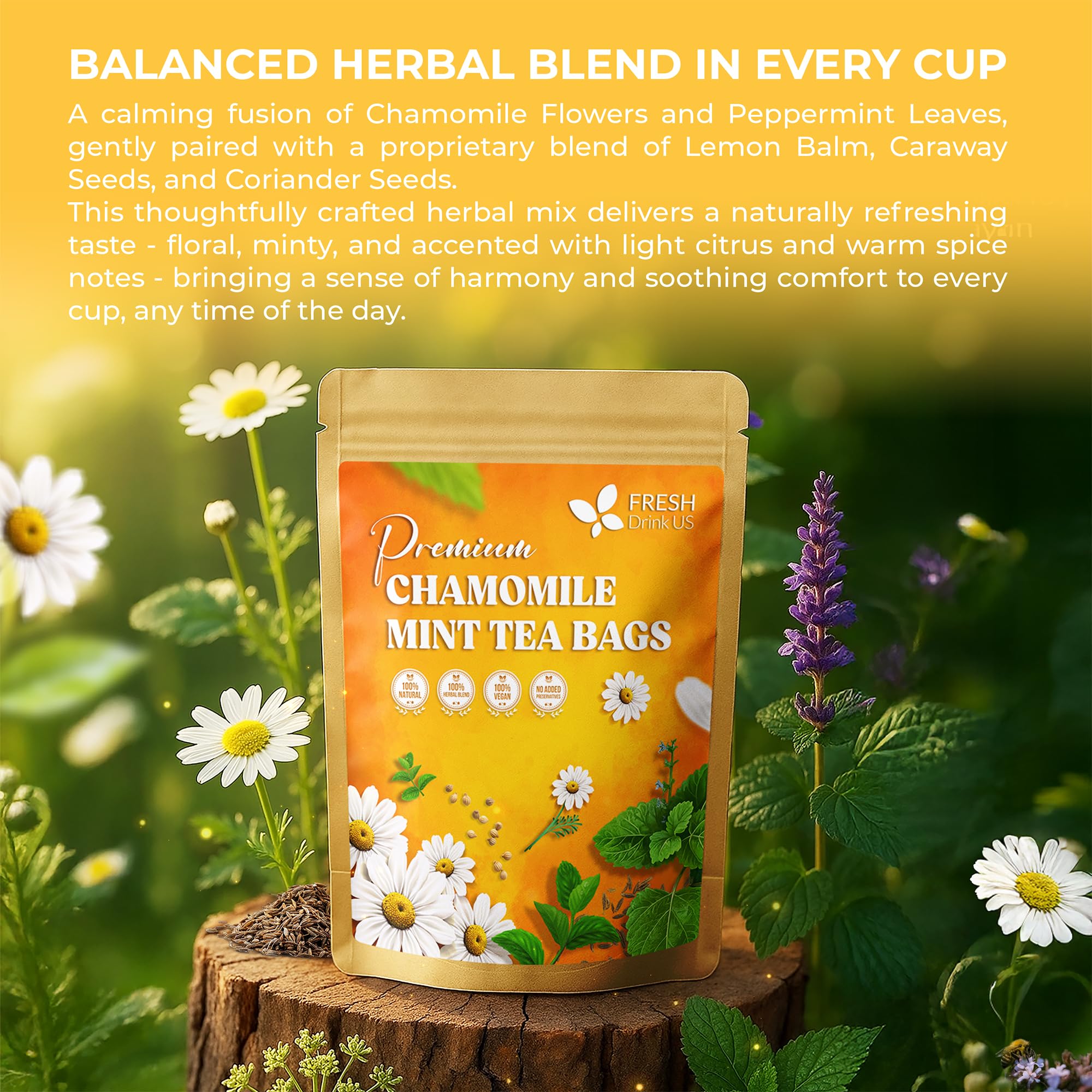 FreshDrinkUS chamomile mint tea bag closeup reveals fragrant botanicals and purity.