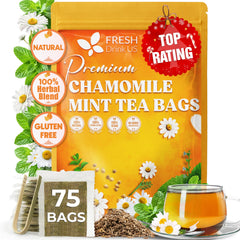 FreshDrinkUS chamomile mint tea bags packaging highlights premium quality and sustainable sourcing.