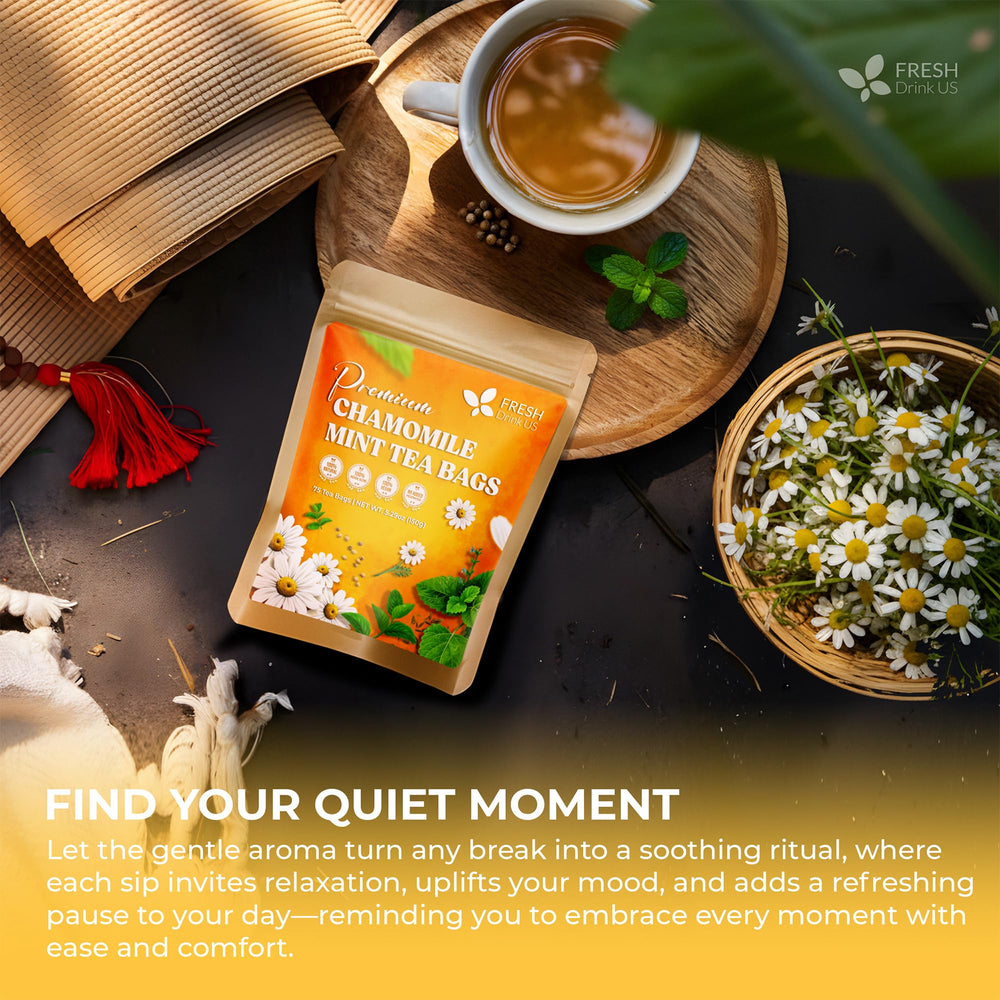 FreshDrinkUS chamomile mint tea on kitchen counter ready for a relaxing brew.